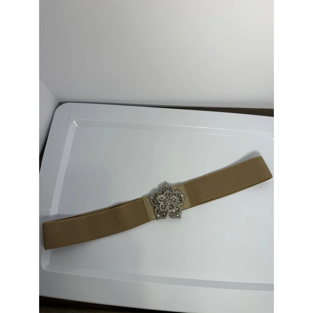 Rhinestone Floral Stretch Waist Belt Y2K Boho Glam‎ Beige 40